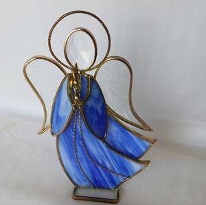Vintage Large Blue Stained Glass Angel  With Gold Etched Wings Signed